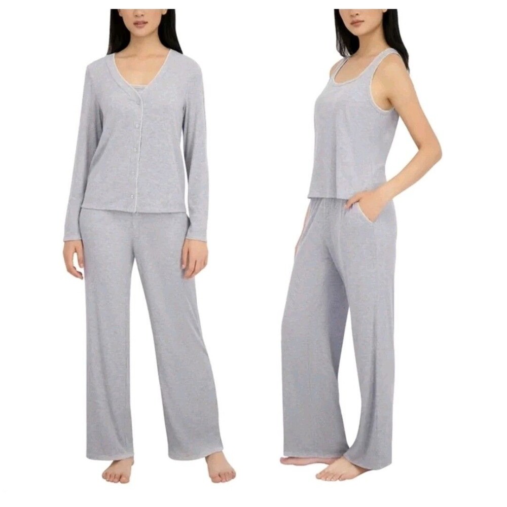 NEW Live 2 Lounge 3-Piece Ribbed Cardigan, Tank & Pant Pajama Set Gray XXL